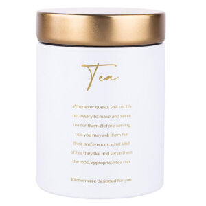 PUSZKA OKRĄGŁA METALOWA NA HERBATĘ BIAŁA MATOWA Z POKRYWĄ DEKORACYJNA TEA