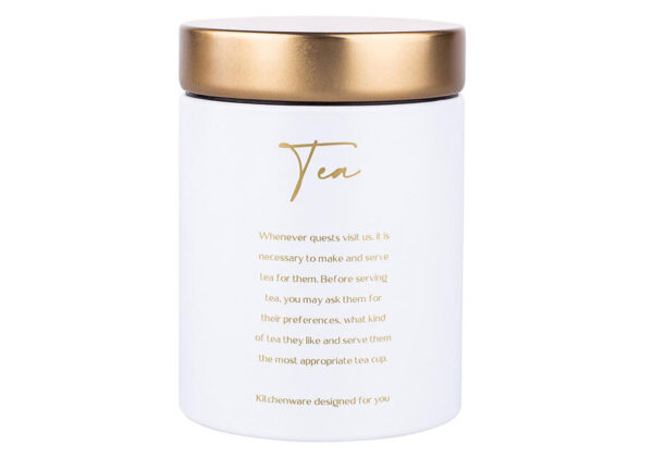 PUSZKA OKRĄGŁA METALOWA NA HERBATĘ BIAŁA MATOWA Z POKRYWĄ DEKORACYJNA TEA