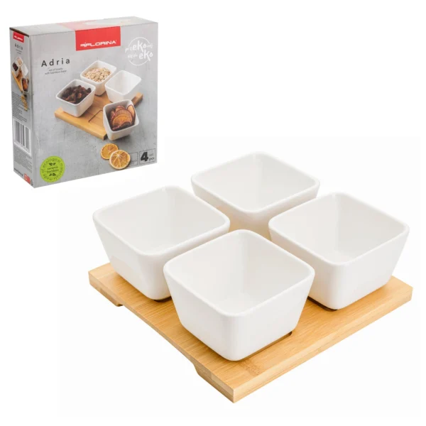 ZESTAW 4 MISECZEK DO PRZEKĄSEK NA BAMBUSOWEJ PODSTAWCE ADRIA