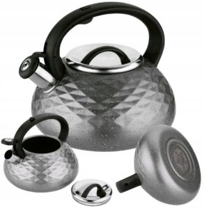 Srebrny czajnik nierdzewny Konighoffer Pascal Marble 3 l – duży czajnik z gwizdkiem na gaz i indukcję, stalowy 3L