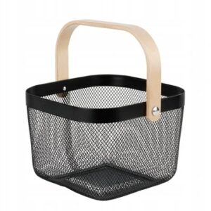 Koszyk na Owoce Organizer Uniwersalny z Drewnianą rączką 25x18x27 cm Czarny