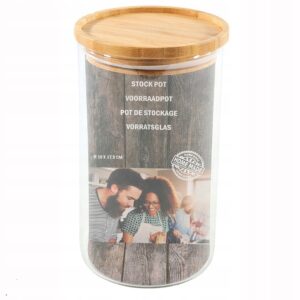 Pojemnik szklany na makaron płatki sypkie z bambusową pokrywą 10x17 cm