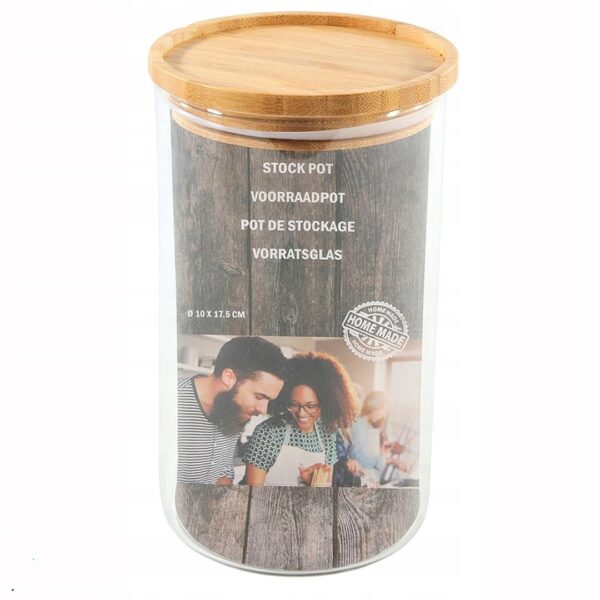 Pojemnik szklany na makaron płatki sypkie z bambusową pokrywą 10x17 cm