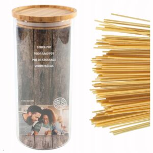 Pojemnik szklany na makaron artykuły sypkie z bambusową pokrywa 10x22cm