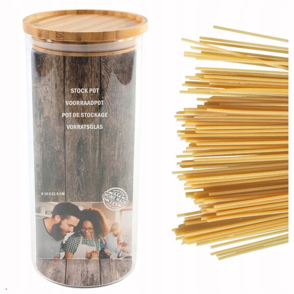 Pojemnik szklany na makaron artykuły sypkie z bambusową pokrywa 10x22cm