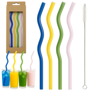 Słomki szklane wielorazowe 4 szt+szczoteczka Kolorowe 20 cm