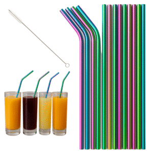 Słomki Metalowe wielorazowe 12 szt+szczoteczka Kolorowe 21 cm