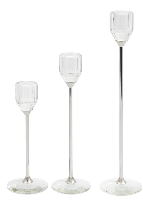 Świeczniki szklane na nóżce srebrne zestaw 3 sztuki