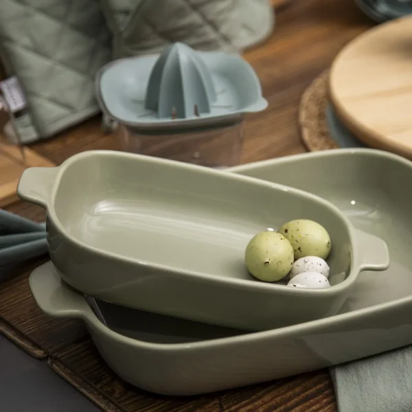 Naczynie do zapiekania porcelitowe 900 ml zielone z uchwytami – forma do zapiekanek i lasagne do piekarnika - obrazek 2